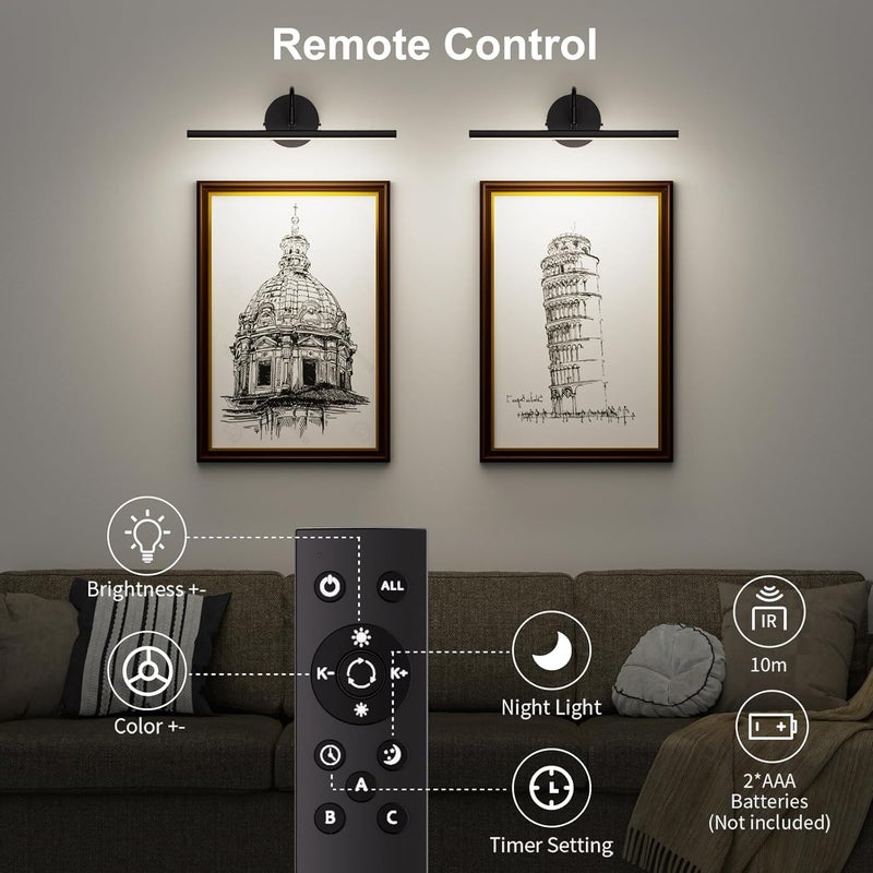 Denlead Hardwired Picture Light 12" LED Wall Art Light with Remote, 3CCT Dimmable Picture Lights for Wall, Gallery Art Lamp for Paintings Poster Light, 2700K-6500K Warm Nature White, 12W, Black - Image 5